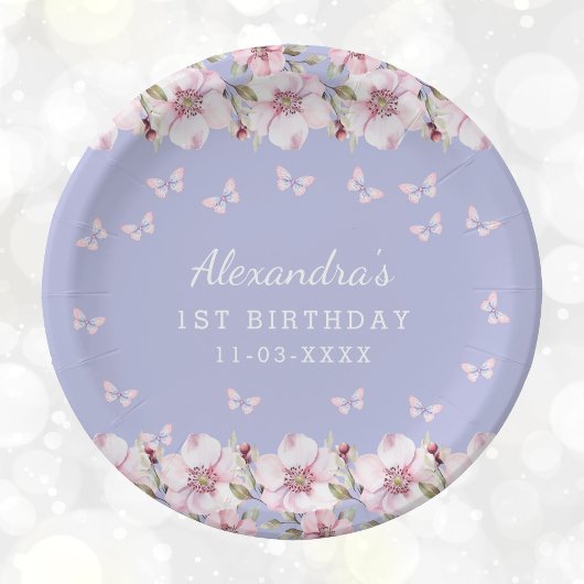 Lila Roze Bloemen Whimsical Butterfly 1e Verjaarda Papieren Bordje