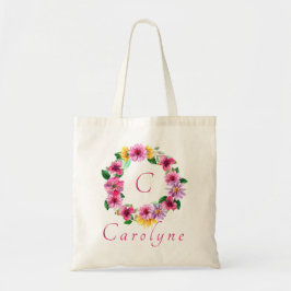 Lila Roze Bloemige Bruidsmeisje Monogram Naam Tote Bag