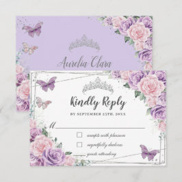 Lila roze bloemige Rozen Quinceañera vlinders RSVP Kaartje