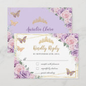 Lila roze bloemige Rozen Quinceañera vlinders RSVP Kaartje (Voorkant / Achterkant)