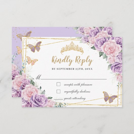 Lila roze bloemige Rozen Quinceañera vlinders RSVP Kaartje (Voorkant / Achterkant)