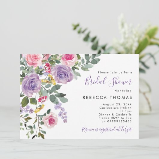 lila roze blos bloemen bruids douche uitnodiging (Staand voorkant)