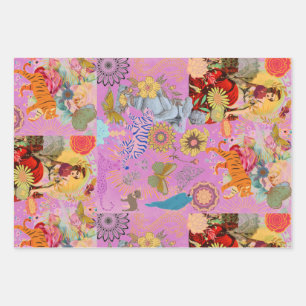 Lila Roze Boho Whimsical Botanische Flora Inpakpapier Vel