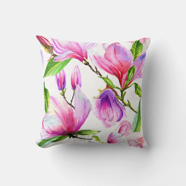 Lila roze en violette waterverf magnolia bloemen kussen (Voorkant)