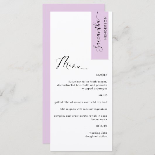 Lila Roze Gepersonaliseerd met Gastnaam Elegant Menu (Voorkant / Achterkant)