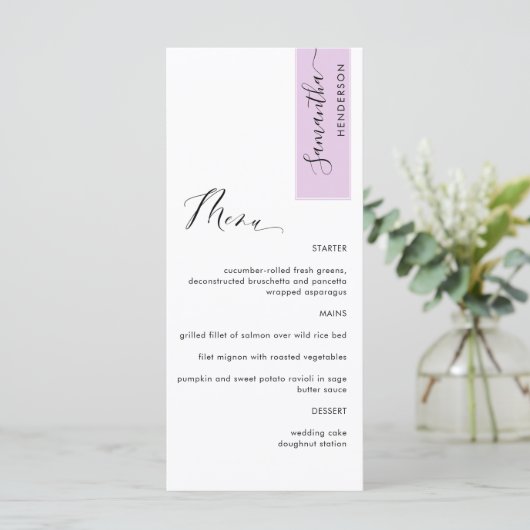 Lila Roze Gepersonaliseerd met Gastnaam Elegant Menu (Staand voorkant)