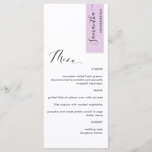 Lila Roze Gepersonaliseerd met Gastnaam Elegant Menu (Voorkant)
