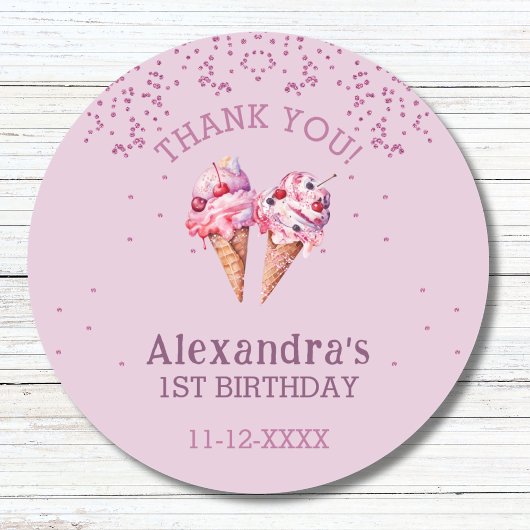 Lila Roze Meisje Ice Cream 1e Verjaardag Dank u Ronde Sticker