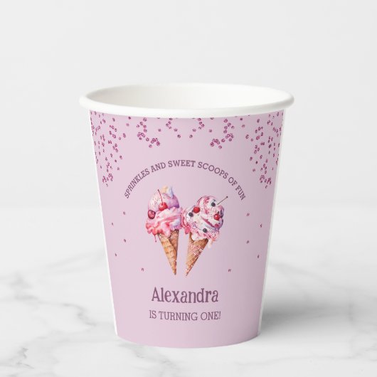 Lila Roze Meisje Ice Cream 1e Verjaardagsfeestje Papieren Bekers (Voorkant)