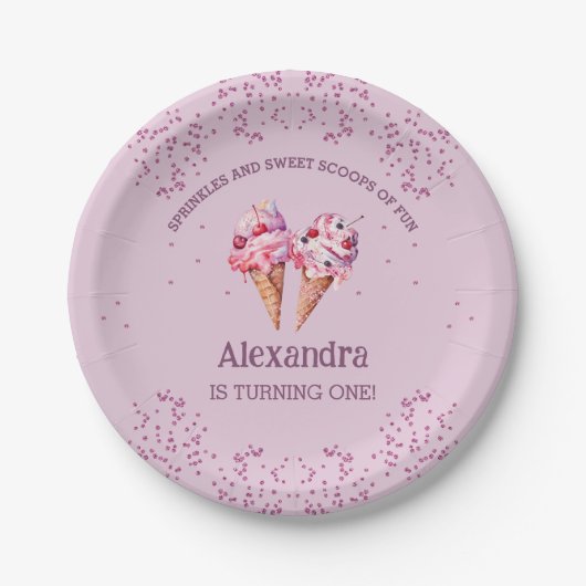 Lila Roze Meisje Ice Cream 1e Verjaardagsfeestje Papieren Bordje (Voorkant)