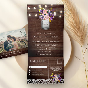 Lila roze rozen Mason Jar String Lights Weddenscha Drieluik Uitnodiging