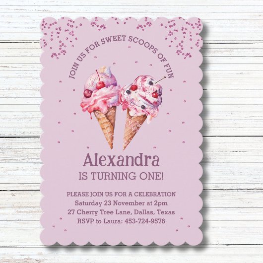 Lila roze sprenkels meisje ijsje 1e verjaardag kaart