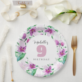 Lila Roze Waterverf Bloemen Monogrammed Papieren Bordje