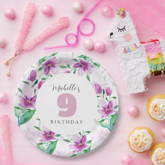 Lila Roze Waterverf Bloemen Monogrammed Papieren Bordje (Feest)