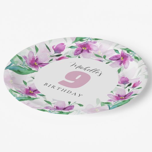 Lila Roze Waterverf Bloemen Monogrammed Papieren Bordje (Gekanteld)