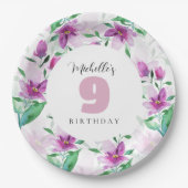 Lila Roze Waterverf Bloemen Monogrammed Papieren Bordje (Voorkant)