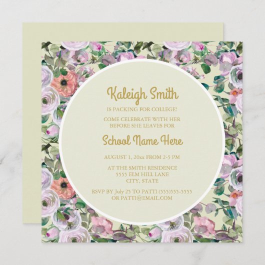 Lila roze Waterverf Floral Sage College Trunk Kaart (Voorkant / Achterkant)