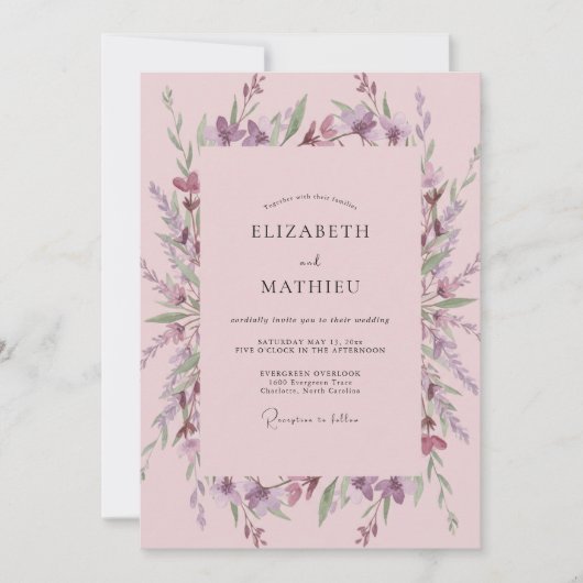Lila Roze Wilde Bloemen Bruiloft Kaart (Voorkant)