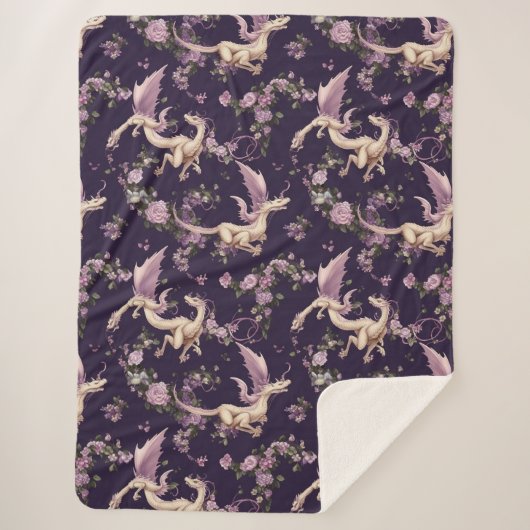 Lila, Rozen en White Dragons Sherpa Blanket Deken (Voorkant)