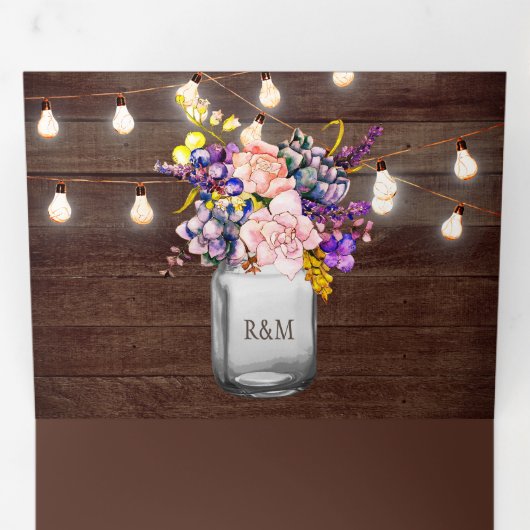Lila Rozen Mason Jar String Lights Wedding Drieluik Uitnodiging (Binnenzijde eerst)