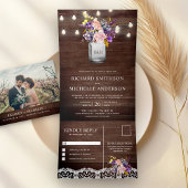 Lila Rozen Mason Jar String Lights Wedding Drieluik Uitnodiging