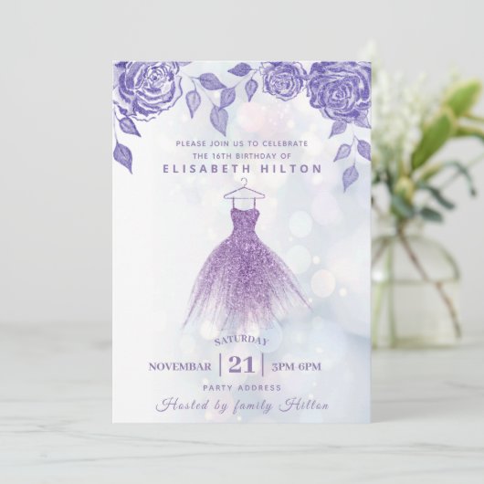 Lila rozen moderne Glitter-jurk zestien Kaart (Staand voorkant)
