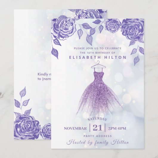 Lila rozen moderne Glitter-jurk zestien Kaart (Voorkant / Achterkant)