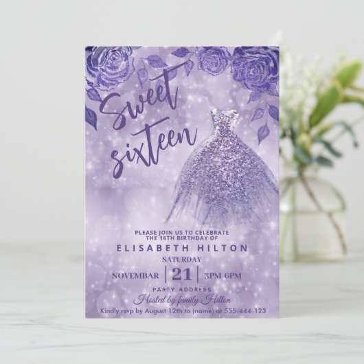 Lila rozen moderne Glitter-jurk zestien Kaart (Staand voorkant)