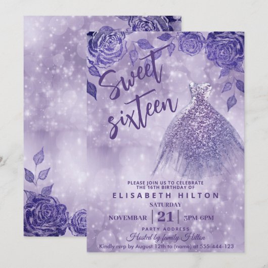 Lila rozen moderne Glitter-jurk zestien Kaart (Voorkant / Achterkant)