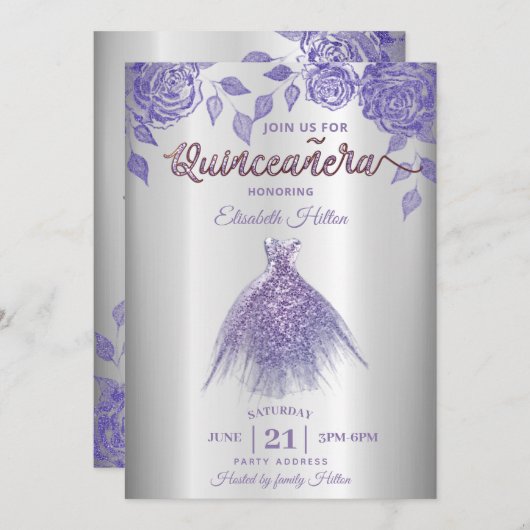 Lila rozen romantisch Glitter jurk Quinceañera I Kaart (Voorkant / Achterkant)