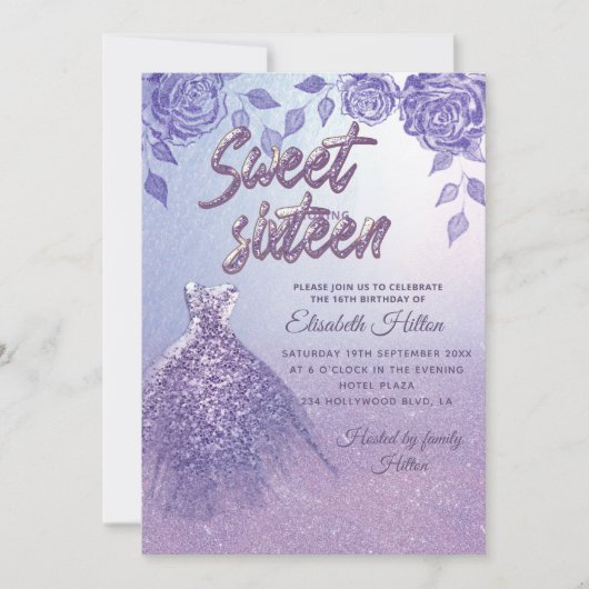 Lila rozen romantische Glitter-jurk Sweet 16 Kaart (Voorkant)