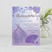 Lila rozen romantische Glitter-kledingfan Quinceañ Kaart (Staand voorkant)