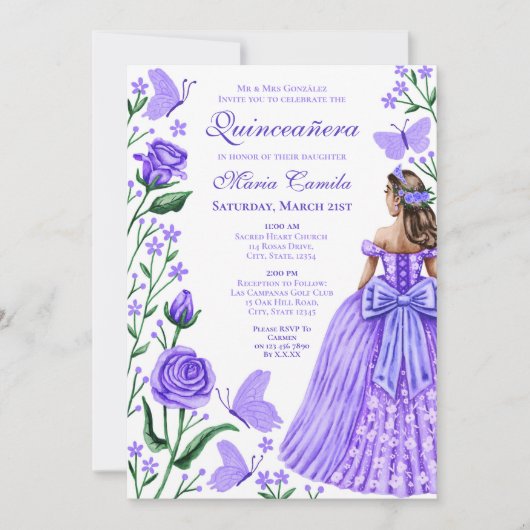 Lila Rozen Vlinders Princess Foto Quinceanera Kaart (Voorkant)