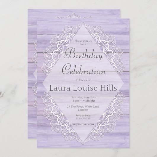Lila Rustic Woodgrain en Lace Birthday Kaart (Voorkant / Achterkant)