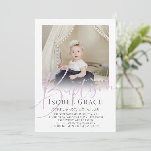 Lila scriptfoto-baptisemuitnodiging kaart (Staand voorkant)