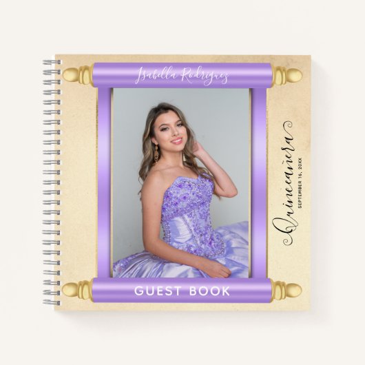 Lila Scroll Photo Budget Quinceañera Gastenboek Notitieboek (Voorkant)
