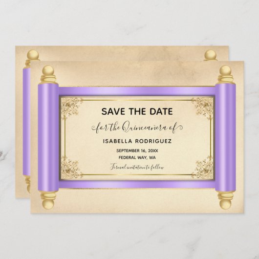 Lila Scroll Quinceañera De datum opslaan Kaart (Voorkant / Achterkant)