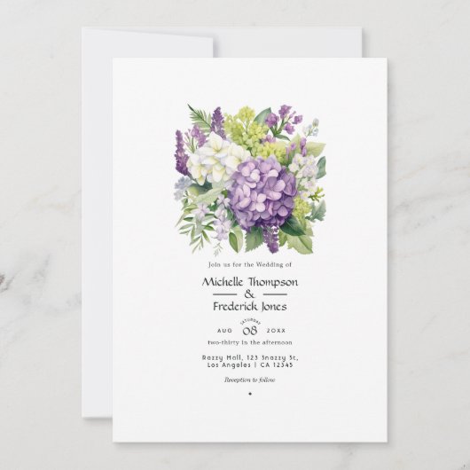 Lila, Selderij, en Witte Bloemen Bruiloft Kaart (Voorkant)