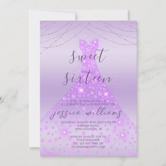 Lila Sequin Ball Gown & Lights Sweet 16 Verjaardag Kaart (Voorkant)