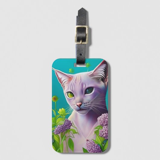 Lila Siamese kat in Lila bloemen op Blauwgroen Bagagelabel (Voorkant (verticaal))