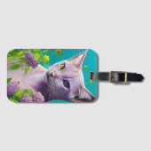 Lila Siamese kat in Lila bloemen op Blauwgroen Bagagelabel (Voorkant (horizontaal))