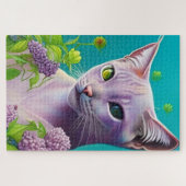 Lila Siamese kat in Lila bloemen op Blauwgroen Legpuzzel (Horizontaal)
