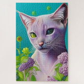 Lila Siamese kat in Lila bloemen op Blauwgroen Legpuzzel (Verticaal)