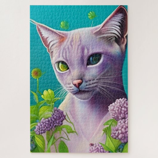 Lila Siamese kat in Lila bloemen op Blauwgroen Legpuzzel (Verticaal)
