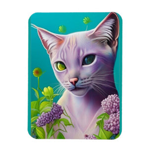 Lila Siamese kat in Lila bloemen op Blauwgroen Magneet