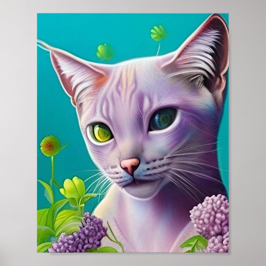 Lila Siamese kat in Lila bloemen op Blauwgroen Poster (Voorkant)