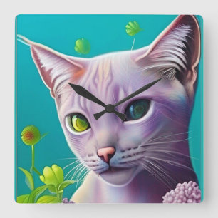 Lila Siamese kat in Lila bloemen op Blauwgroen Vierkante Klok