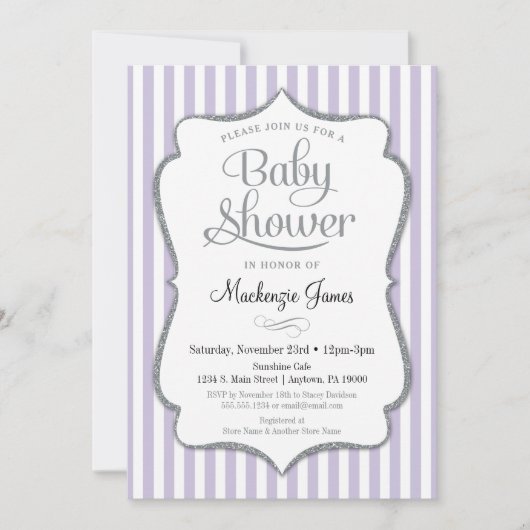 Lila Silver Baby shower Invitation Lavender Grey Kaart (Voorkant)