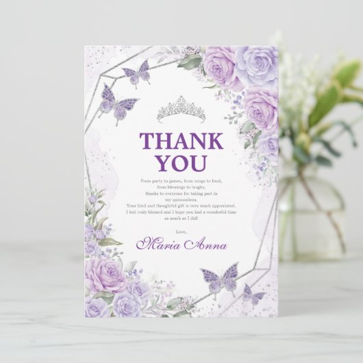 Lila Silver Quinceañera Butterfly - Hartelijk dank Kaart (Staand voorkant)