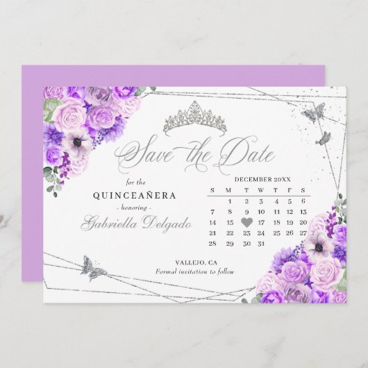 Lila & Silver Quinceañera De datum opslaan Kaart (Voorkant / Achterkant)
